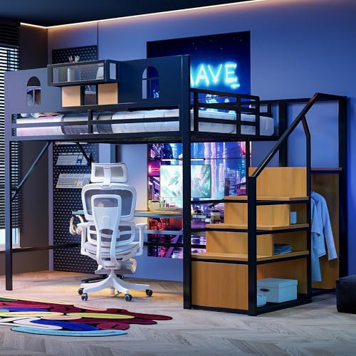 LAKFEW Cama Alta de Metal 140x200 cm con Escalera de Almacenamiento y Protección Anticaída, Cama Infantil con Ventana y Estante, Camas Altas para Niños y Juveniles, Sin Colchón, Negro