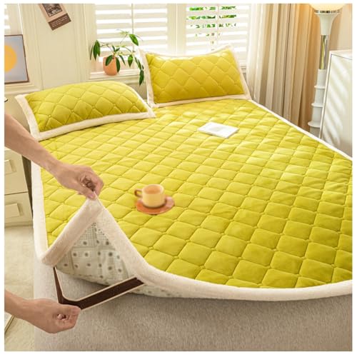 Protector de Colchón Acolchado,ranspirable y Ajustable Fundas de Colchón Elástico El Contorno Cubre Colchons,Color Sólido con 4 Bandas Sobrecolchón Colchoncillo,Amarillo,180x200cm/71x79in