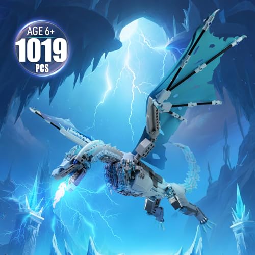 Image of QFJ Ideas Ice Dragon Building Set,Compatible with Mainstream Brands Adults Collectible MOC Dragon Model STEM Toy for GOT Fans Home Decor,Creative Gift for Kids Boys & Girls 8-16 (1019 PCS)