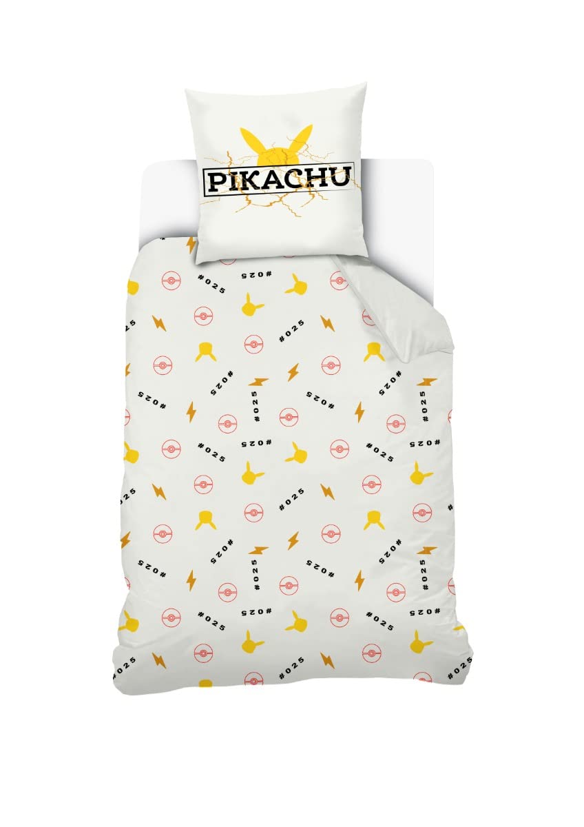 SAHINLER - Poszewka na kołdrę Pikachu High Voltage 140x200 cm + poszewka na poduszkę Pikachu 63x63 cm - Biała - 100% Bawełna