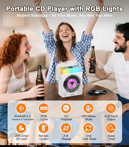 Image of Greadio Portable Bluetooth CD Player with RGB Lights & Speakers (White)
