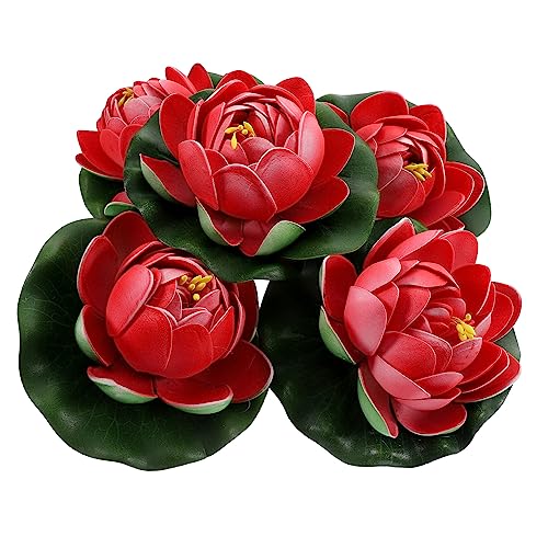 Garneck 5 Stück Lebensechte Künstliche Seerosenblätter Und Lotusblumen-teichdekorationen Weißer Hintergrund Roter Halboffener Lotus 10 cm Für Fischtank Aquarium Teich Pool