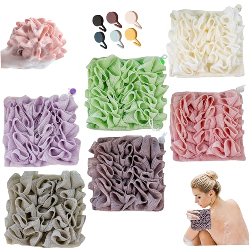 Mini Loofah tamaño de viaje, paquete de 6 toallitas de lufa 2 en 1 con bolsa de jabón, esponja de baño exfoliante con cordón, doble cara para limpieza profunda (6 colores), bolsa de jabón en barra
