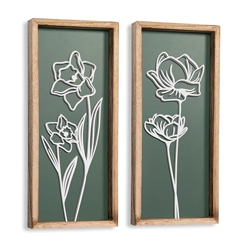 3D Floral Green Wall Art (Set of 2) Lightweight, Wooden Ready-to-Hang Boho Framed Wall Art for...
