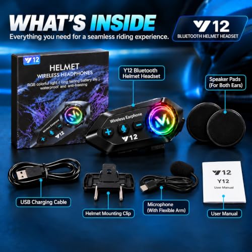 Image of Y12 Bluetooth Motorcycle Helmet Headset, Hands-Free HD Calling, HiFi Music, GPS Voice, FM Radio, Voice Assistant, IP67 Waterproof, Android & iOS, Fits Full-Face, Universal Helmet Compatibility
