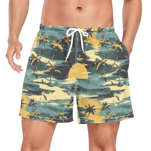 JUNZAN Men's Swim Trunks Tropical Vintage Men Lined Workout Running Shorts with Compression Liner and Pockets Beach Board Shorts Quick Dry
