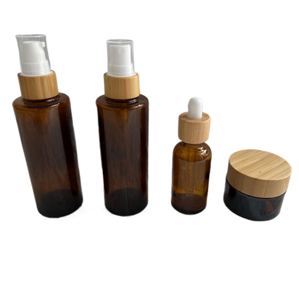 BEECO GIF2U Empty Refillable Frosted Glass Cosmetic Skin Care Containers with Bamboo Cover 4 Pack,Spray Bottle,Lotion Pump Bottle,Dropper Bottle and