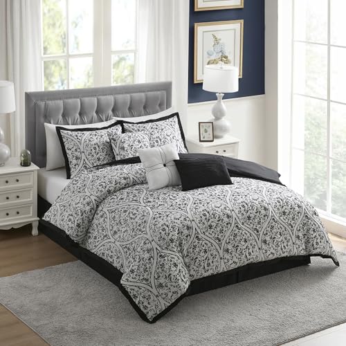 King Size Comforter Set - Soft & Breathable 7-Piece Bedding Collection - 1 Comforter, 2 Pillow Shams, 1 Bed Skirt & 3 Decorative Accent Pillows - Premium Quality, King, Black/White Damask