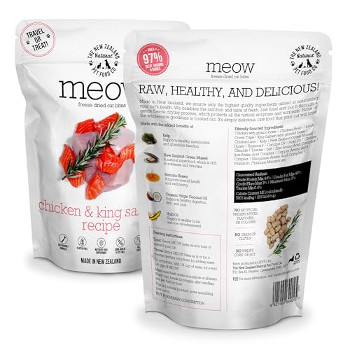 The New Zealand Natural Pet Food Co. Meow Chicken & King Salmon Freeze Dried Raw Cat Food, Mixer, or Topper, or Treat - High Protein, Natural, Limited Ingredient Recipe 1.76 oz