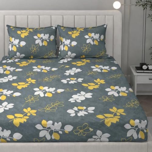 Image of 380 TC Premium Glace Cotton Elastic Fitted Bedsheet King Size with 2 Pillow Covers King Size | Double Bed with All Around Elastic (Grey Yellow, Fitted Queen-60x78)