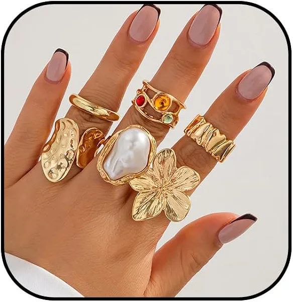 bike8 Gold Knuckle Rings for Women Non Tarnish Stackable Rings Chunky Gold Ring Adjustable Open Flower Ring Baroque Pearl Ring Statement Jewelry