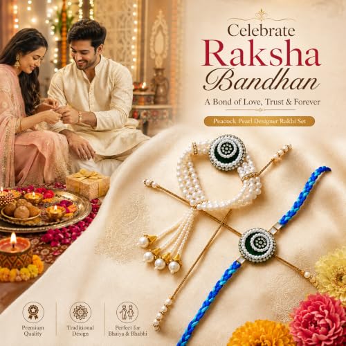 Image of Bhaiya Bhabhi Rakhi Set with Pearl Bracelet | Designer Rakhi for Brother & Bhabhi | Traditional Raksha Bandhan