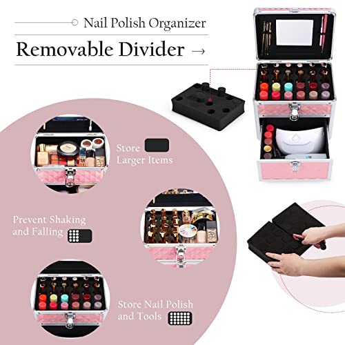 Frenessa Makeup Box Makeup Train Case Nail Polish Cosmetic Storage Organzier Box For Makeup, Nail Tech And Artist With Mirror, Drawer And Dividers Manicure Organizer Travel Nail Kit Box - Pink #TOP2