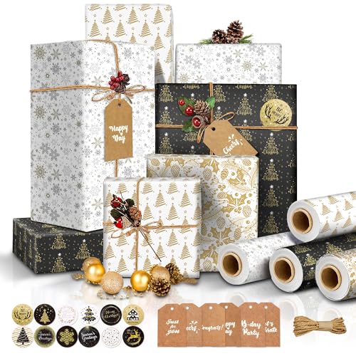 Weihnachtspapier Geschenkpapier Edel 4 Rollen, Geschenkpapier Weihnachten Rollen 12m, Weihnachtsgeschenkpapier mit 10m Seil Kraftpapier + 6 Anhänger + 12 Aufkleber Vintage Papier Set (43cm×3m 4 Rolle)