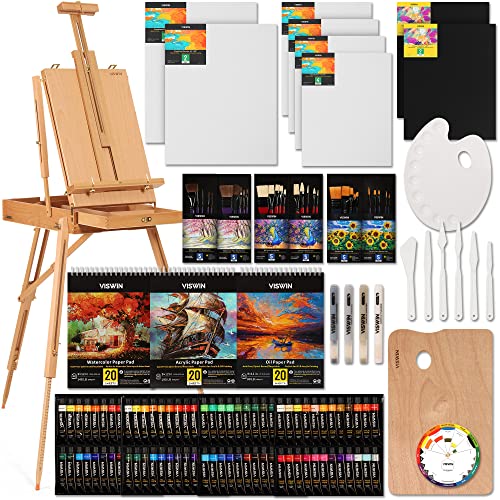 VISWIN 151 Pcs All-in-One Painting Set, Art Painting Kit with French-Style Easel, 48 Colors Acrylic Paints, 24 Colors Oil & Watercolor Paints, and So On, for Adults, Students, Beginners, and Artists