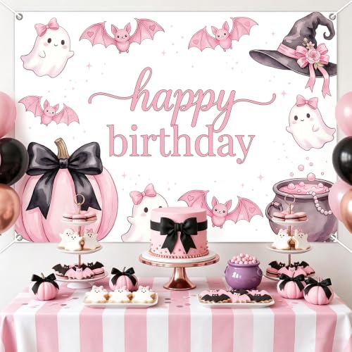 kreat4joy Pink Halloween Birthday Backdrop 7 * 5ft Ghost Bow Theme Happy Birthday Banner for Women Party Decoration Spooky Cute Photo Background Dessert Table Wall Decor Celebration Setup by kreat4joy - Used condition - Image 4