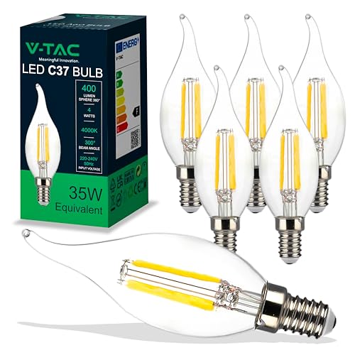 V-TAC 6x Lampadine LED Filamento Fiamma con Attacco Edison E14-4W (Equivalenti a 35W) - 400 Lumen - Massima Efficienza e Risparmio Energetico - 4000K Luce Bianca Naturale