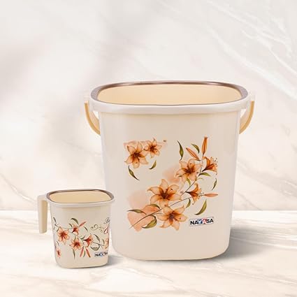 Nayasa Sqr Ring DLX Set | Bucket 25 Ltrs + Mug 1.5 | Bathroom Set | Bath Set for Bathroom | Off - White