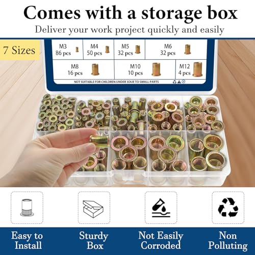 Image of Metric Rivet Nut Assortment Kit(230 Pcs), M3 M4 M5 M6 M8 M10 M12 Flat Head Rivnut Set,Zinc Plated Finish Carbon Steel Nutsert