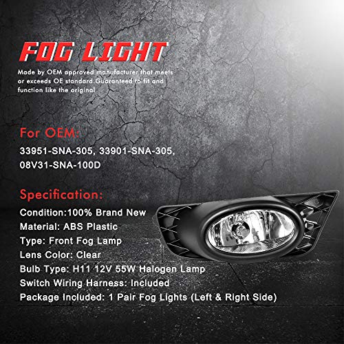 Driving Fog Lights Lamps Replacement for Honda Civic Sedan 2009 2010 2011 with H11 12V 55W Halogen Bulbs - Switch and Wiring Kit (Clear Lens) - Image 5