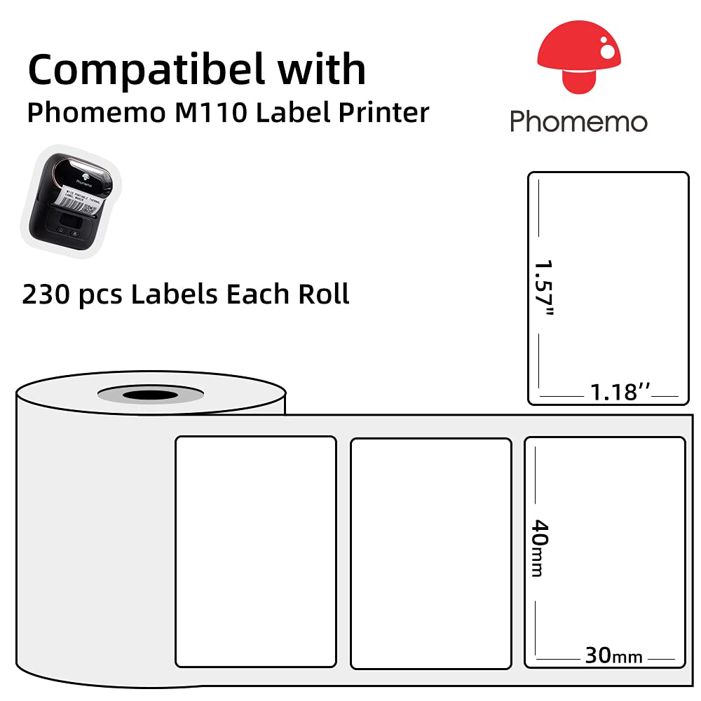 Phomemo M220 Étiquettes thermiques transparentes, multifonctionnelles, pour imprimante M220, M250, M221, M120, M150, M108, M110, M421, 1 rouleau, 40 x 30 mm, 230 étiquettes