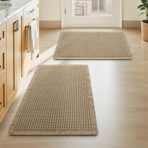 Upgraded Waffle Bath Mats Set of 2, Super Absorbent Non Slip Bath Mats for Bathroom Floor, Washable Boho Bathroom Rugs Set 2 Piece with Tassels, Soft Bathroom Mat Set, 18" x 30" (2 Pack), Br