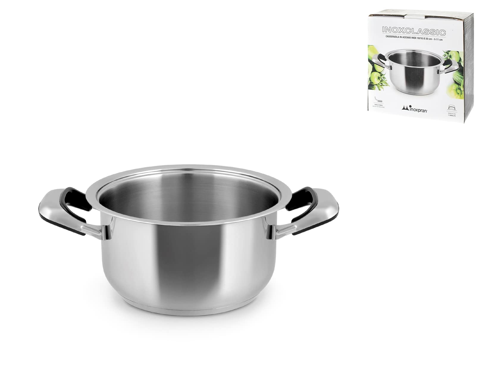 Casseruola INOXCLASSIC in Acciaio Inossidabile con 2 Manici in Bachelite, Lavabile in Lavastoviglie, Utilizzabile su Tutti i Piani di Cottura compreso l'Induzione, 20x11 cm