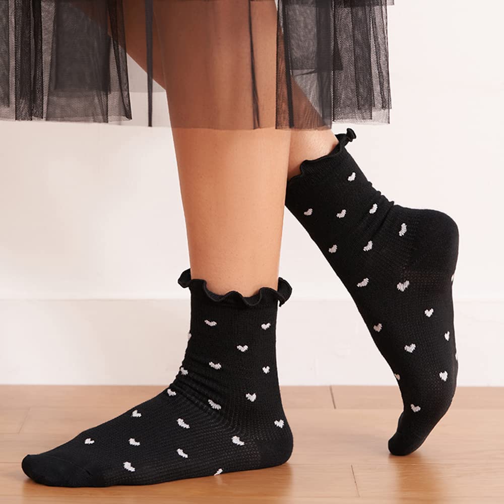 Damskie skarpety do ćwiczeń Ruffle Casual Ankle Socks Warm Cotton Knit Lettuce Low Cut/Crew/Dress Sock 6 sztuk, 6 kolorów (Black+Purple+Green+Pink+Grey+White), 5-9