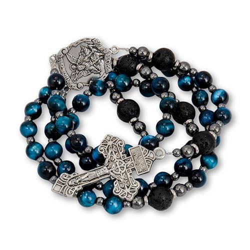 Nazareth Store Blue Tiger's Eye Rosary Beads for Men, Catholic Rosary Necklace with Lava Mystery Beads, Strong Rosary Cross Necklace in Portable Gift Box