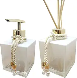 Kit Lavabo Aromatizador Porta Sabonete Líquido-Jogo para Banheiro Saboneteira e Difusor de Varetas-Branco Degradê e Dourado-Luiggi Presentes®