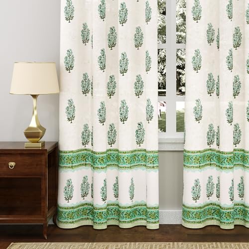 Image of BLOCKS OF INDIA Hand Block Printed Cotton Daylight Curtains with Eyelets(Set of 2 Curtains, Block 3, 7 Feet /Door, Semi Sheer, Multicolor)