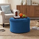 ONBRILL 25' Ottoman with Storage, Round Pouf Ottoman Foot Rest, Small Storage Foot Stool for Couch Bedroom Living Room, Books, Blankets & Kid's Toy Box, Load up to 220 lbs, Blue