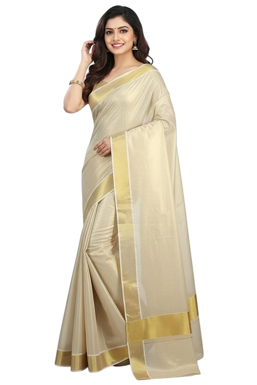 Kerala Kasavu Saree for Women | Off White Cotton Tissue Blend Saree with Golden Border | Traditional Kerala Set Saree with Running Blouse | RHT-image-21