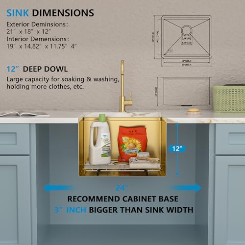 Image of 21 inchx18 inch Undermount Laundry Utility Sink Workstation - Brushed Gold NANO-PVD, 16 Gauge 304 Stainless Steel, 12 Inch Deep Single Bowl Sink Basin for Laundry Room, RV or Utility Use