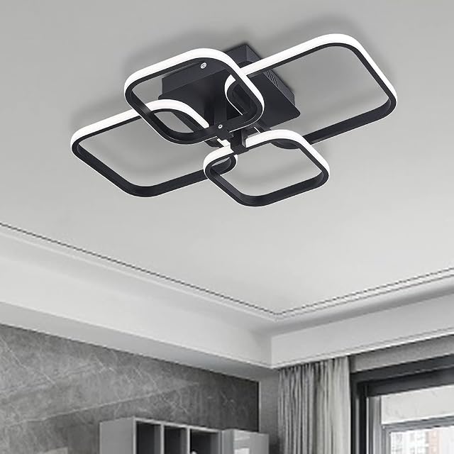 XEMQENER Modern LED Ceiling Light with 4 Squares, 100W Flush Mount Pendant Light, Black Acrylic Chandelier for Living Room Bedroom Dining Room, Cool White Light Only, 6000K