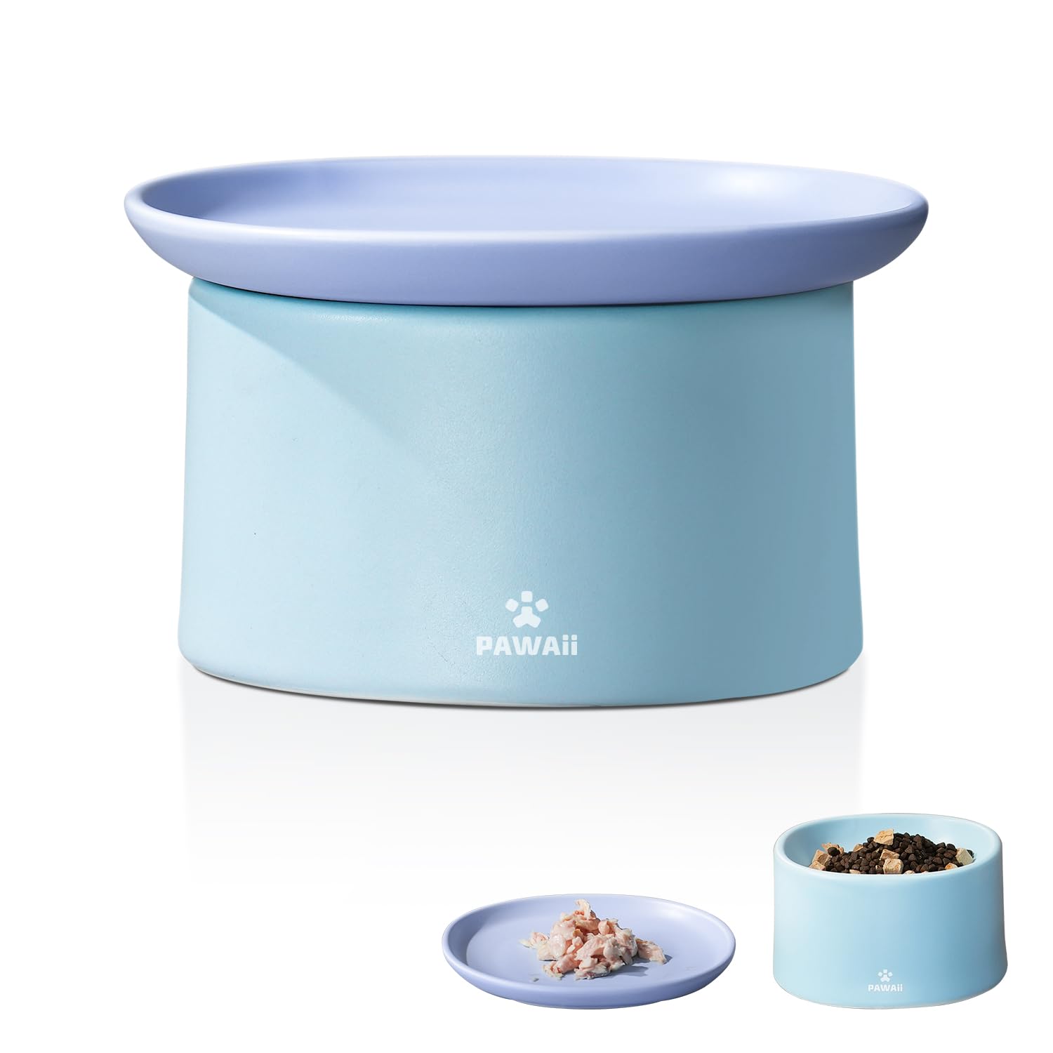 Pawaii Ceramic Cat Bowl, Combined Type Elevated Cat Bowl, Whisker Fatigue Cat Bowl for Indoor Cats, Dishwasher and Microwave Safe, One Elevated Cat Bowl and One Dish
