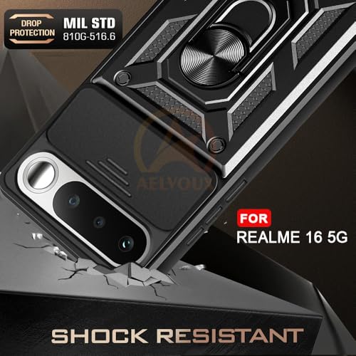 Image of Armor Bumper Back Cover Case for Realme 16 5G | Rotating Camera Cover, Ring Holder & Kickstand | Heavy Duty & 360 Degree Protection Realme 16 5G Back Cover (Black)