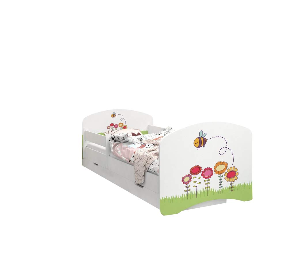 Happy Babies - Dwustronne łóżko dziecięce z szufladą Nowoczesne wzornictwo z bezpiecznymi krawędziami i zabezpieczeniem przed upadkiem materac piankowy 7 cm. (140 x 70, 06. pszczoła)