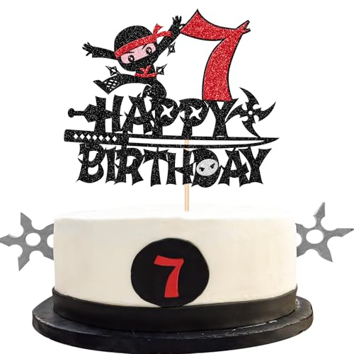 1 PCS Ninja Happy 7th Birthday Cake Topper Black Glitter Seven Years Old Birthday Cake Pick Martial Arts Kung Fu Warriors Cake Decoration for Ninja Theme Seventh Birthday Party Decorations Supplies