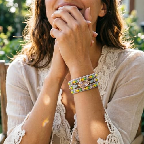 Image of YGLINE Natural Stone Beaded Healing Wax String 5 Wraps Bracelets