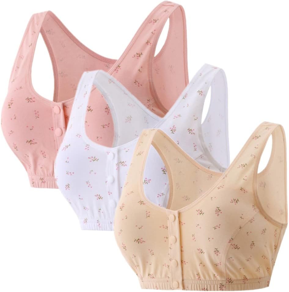 3Pack Middle-Aged Elder Woman Floral Wirefree Bra Front Button Closeure Soft Cotton Bra for Mom Grandma Gift