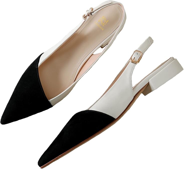LEHOOR Women Slingback Flats Cap Toe Two Tone Pointed Closed Toe Flat Heel Sandals Pumps Colorblock Buckle Strap Patchwork Slip On Sandals Comfort Chic Office Ladies Summer 4-11 M US