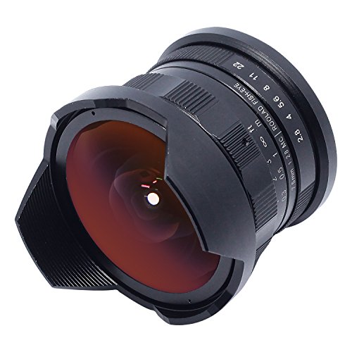 Roolad Objectif fisheye F2.8 APS-C 7,5 mm pour Appareil Photo sans Miroir (Sony EFuji XMFTEOSM) - Noir avec Bouchon de Protection, Chiffon de Nettoyage et Sac d'objectif Cover
