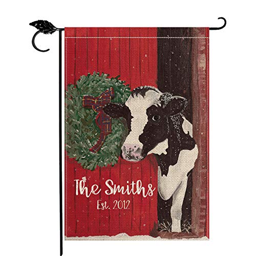 Smile Personalized Cow Garden Flag, Winter Customized Family Name Established Year Wreath, Double Sided 12 x 18 Inch Rustic Farmhouse Burlap Yard Outdoor Decoration