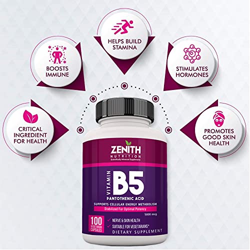 Image of Zenith Nutrition Pantothenic Acid (Vitamin B5) 5000mcg, Energy & Metabolism - 100 Veg capsules