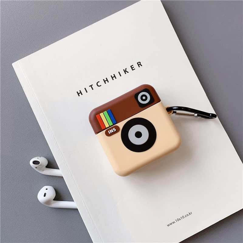 Image of Prolet Designed for AirPods 1 /2 Case Cute Instagram Fashion Character Silicone Case Cover for Airpods 1 /2 Protective Skin with Keychain(Instagram)-Cream & Brown