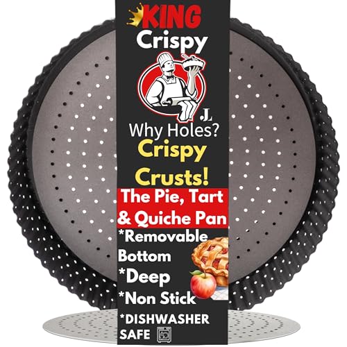 Jean Lemond: Why Holes: For The Crispiest Crusts. King Crispys Deep Pie, Tart & Quiche Pan. A Non-Stick, Removable Bottom, Dishwasher Safe, Perforated Pie Pan Baking Plate Dish (9 inch x 2 Deep).   Jean Lemond: Why Holes: For The Crispiest Crusts. King Crispys Deep Pie, Tart & Quiche Pan. A Non-Stick, Removable Bottom, Dishwasher Safe, Perforated Pie Pan Baking Plate Dish (9 inch x 2 Deep).