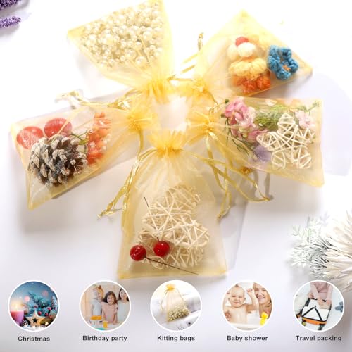 Image of Hopttreely 100pcs Gold Organza Gift Bags, 4 x 6 inch Satin Drawstring Candy Mesh Favor Bags Jewelry Pouches for Christmas Wedding Party