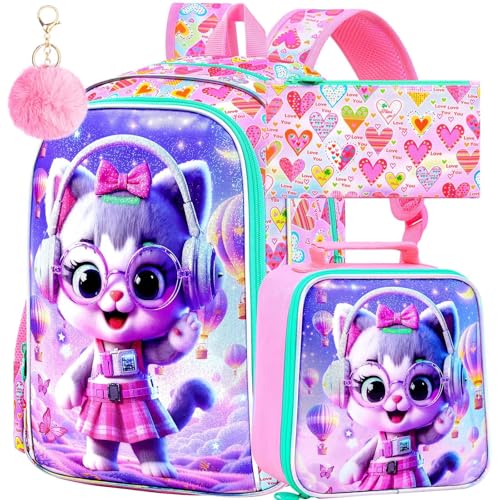 Image of CCJPX 3Pcs Cat Backpack for Girls, 16 inch Kids Bookbag with Lunch Box, Water Resistant Elementary School Bag for Kindergarten Preschool Toddler (Pink)