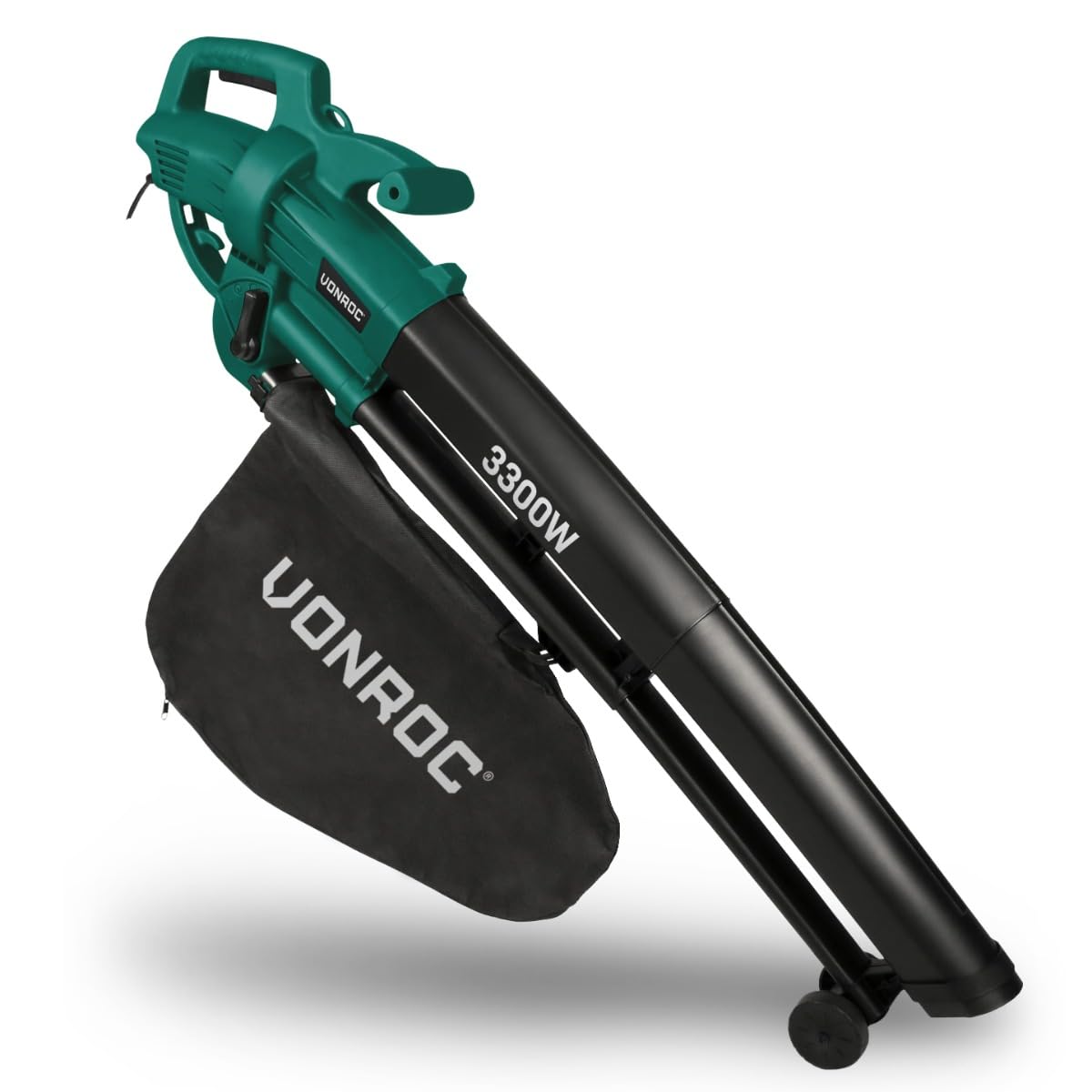 VONROC Soplador de Hojas 3 en 1 3300W - para soplar, aspirar y triturar - Velocidad máxima del Aire 270km/​h - Incl. Bolsa colectora 35L